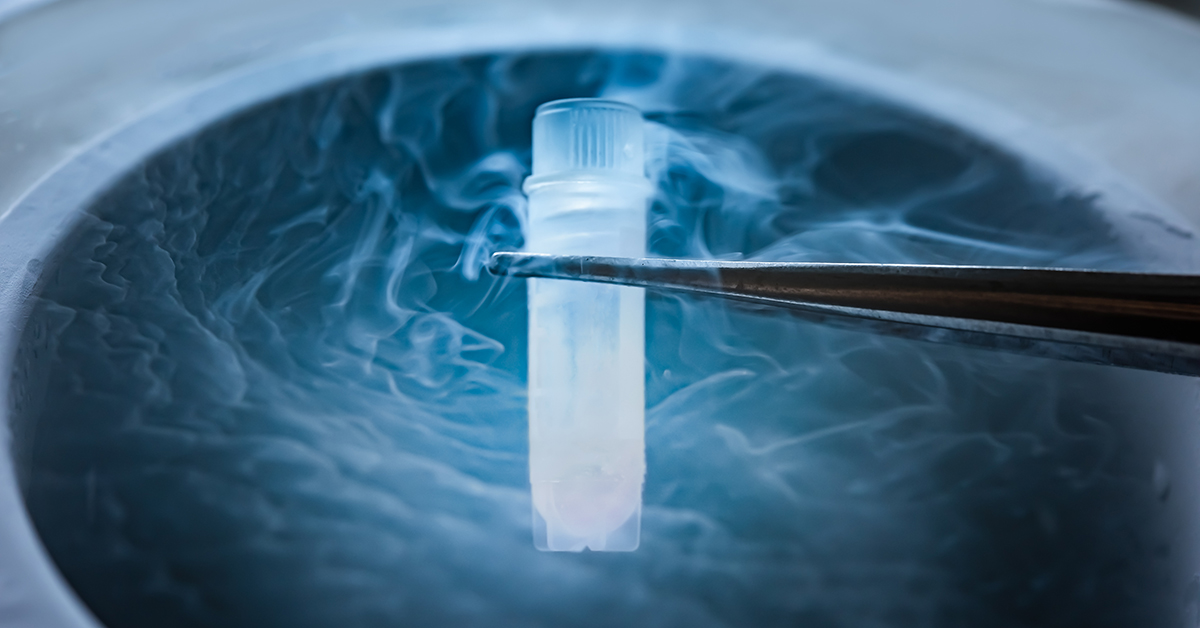 Cryopreservation of test tube on liquid nitrogen, a liquid nitrogen bank containing sperm and eggs cryosamples; blog: How to Preserve Your Fertility if You Want to Have a Baby Someday